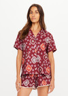 THE UPSIDE women's maroon linen viscose Miri Andie Shirt is designed for an oversized fit and features a printed tie-dye geometric design and shell button closure. Made for lifestyle.