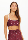 THE UPSIDE women's maroon recycled supersoft Bandhani Bowie Bra has a soft, supportive fit with scooped front, T-bar back, and removable bust cups.
