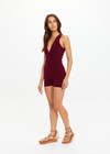 THE UPSIDE women's maroon organic cotton Simi Knitted Playsuit is fitted with a low V-neck and button-up closure with antique brass buttons. Made for lifestyle.