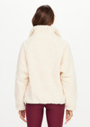 THE UPSIDE women's natural recycled polyester Harlow Fleece Pullover has a relaxed fit with a striped rib collar, contrast maroon stripes, and zip pockets. Made for lifestyle