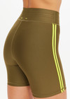 THE UPSIDE women's olive eco tech Oxford 5 Inch Spin Short is designed for a supportive and comfortable fit and features lime contrast binds and elastic drawcord. Made for high impact.