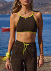 THE UPSIDE women's olive jacquard Castilla Anya Crossback Bra is designed for a soft and comfortable fit and features a high neck crossback bra with removable cups. Made for yoga and pilates.