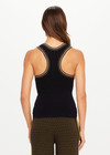 THE UPSIDE women's black organic cotton Paige Racerback Knit Tank is designed for a slim fit and features a low scoop neck with stripe rib on neckline and armholes. Made for lifestyle.