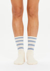 THE UPSIDE women's cream Isadora Crew Sock features jacquard stripes in lime and blue. Made for everyday.