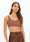 THE UPSIDE women's orange & navy check Solaris Harley Scoop Bra is supportive & comfortable and features a scoop front and back neckline with removable cups. Made for yoga & pilates.