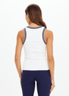 THE UPSIDE women's white performance Kirsty Rib Tank Top is designed to be fitted and features a striped navy and white rib neckband and armhole.