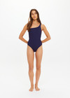THE UPSIDE women's navy Mystery One Shoulder One Piece features a shelf bra with boning and removable cups. Designed for swim.