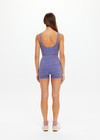 THE UPSIDE women's blue jacquard Neptune Cassandra Bodysuit features a scoop neckline with a low back, removable cups and 3inch shorts. Made for yoga & pilates.