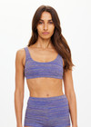 THE UPSIDE women's blue jacquard Neptune Scoop Neck Jasmine Bra offers medium coverage with a low scoop neckline with removable cups. Designed for swim.