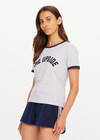 THE UPSIDE women's grey organic cotton Jarama Joy Tee features contrast navy binds at neck and sleeves and The Upside logo on front.