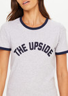 THE UPSIDE women's grey organic cotton Jarama Joy Tee features contrast navy binds at neck and sleeves and The Upside logo on front.