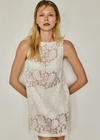THE UPSIDE women's white Halcyon Helix Lace Mini Dress is a high neck A-line shift dress with a centre back zipper. Designed to be warm with the Capri Bra and Fox Shortie for coverage. Made for lifestyle.