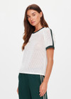 THE UPSIDE women's cream organic cotton Fenway Jordan Knit Tee is a relaxed crew neck knitted tee with knitted green stripe down sleeves and along neckline and armholes. Made for everyday.