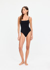 THE UPSIDE women's black Lara One Piece is fully lined and features a square neckline with a scooped back, rouleau straps and soft matte fabrication. Made for swim.
