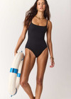 THE UPSIDE women's black Lara One Piece is fully lined and features a square neckline with a scooped back, rouleau straps and soft matte fabrication. Made for swim.