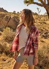 THE UPSIDE women's red plaid Boyfriends Carpenter Shirt is a collared long sleeve button-up in soft fabrication with patch pockets at chest. Made for lifestyle.