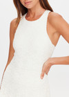 THE UPSIDE women's cream Lyon Pia Racerback Dress is a fitted stretch lace tennis dress with a high neck, A-line skirt and internal bodysuit with inner shorts and pockets. Made for tennis, golf & pickleball.