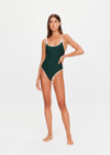 THE UPSIDE women's green recycled soft peached Racquet Flow Bodysuit is fully lined and features a scoop neckline, adjustable straps and a cream bow detail at chest. Made for tennis, gold & pickleball.