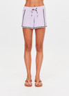 THE UPSIDE women's lilac organic cotton Amara Roller Knit Short is a relaxed fit featuring an elasticated waistband with drawcord and an open knit heart design down sides. Made for tennis, golf & pickleball.