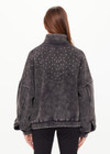 THE UPSIDE women's washed black Cosmic Carmen Moto Jacket is designed for a relaxed fit and features silver meta snap buttons, welt pockets and a soft elasticated hem. Perfect everyday outerwear piece.