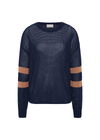 THE UPSIDE women's navy organic cotton Fenway Sebastian Crew offers a relaxed fit and features The Upside logo knit detail on back in tan. Made for lifestyle.