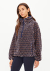 THE UPSIDE women's navy & camel Castilla Harlow Pullover is a relaxed pull over style fleece with raglan sleeves in our castilla "TU" design and features zip pockets, crafted from a recycled sherpa fabrication. Perfect for cooler weather.