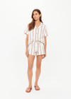 THE UPSIDE women's mocha stripe organic cotton Baja Elias Short is designed for a low rise, regular fit and features a elastic waistband with drawcord. Made for lifestyle.