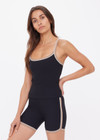 THE UPSIDE women's black recycled rib Rhythm Caleb Tank Top features a shelf bra with removable cups and cream and mocha binds along neckline. Made for yoga & pilates.