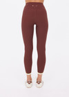 THE UPSIDE women's brown recycled rib Rhythm 25inch Legging has a mid-rise fit and features cream and yellow binds along side seams. Made for yoga & pilates.