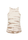 THE UPSIDE women's organic cotton rib Ayla Asher Tank Top is designed for a slim fit and features a brown hand tie dye design on a cream base. Made for lifestyle.