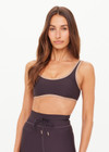THE UPSIDE women's grey recycled soft peached Kefi Brielle Scoop Sports Bra has a low back design with removeable cups and mocha binds along neckline. Made for yoga & pilates.