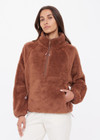 THE UPSIDE women's brown Harlow Fleece Pullover features quarter zip, elastic cuffs and waist, and is made from a recycled sherpa fabrication. Made for lifestyle.
