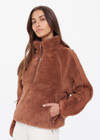 THE UPSIDE women's brown Harlow Fleece Pullover features quarter zip, elastic cuffs and waist, and is made from a recycled sherpa fabrication. Made for lifestyle.