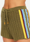 THE UPSIDE women's green organic cotton Brasilia Evie Crochet Short offers a true to size fit with a mid rise waist, crochet construction and adjustable drawcord with wooden bead detailing. Made for lifestyle.