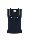 THE UPSIDE women's navy organic cotton Joey Knit Tank Top is a slim fit, featuring contrast stripe detailing and embroidered logo accents. Made for lifestyle.