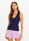 THE UPSIDE women's navy organic cotton Abby V Neck Tank Top features a low V neckline, ribbed construction and a high back design. Made for lifestyle.