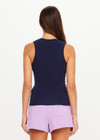THE UPSIDE women's navy organic cotton Abby V Neck Tank Top features a low V neckline, ribbed construction and a high back design. Made for lifestyle.