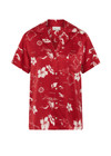 THE UPSIDE women's red  Dusty's Holiday Shirt is a short sleeve button-up in our holiday red and cream printed design and features a patch pocket on front chest. Made for lifestyle.