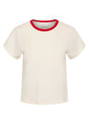 THE UPSIDE women's cream hemp cotton Dusty Ray 70'S Tee is true to size and features a contrast red neckline. Made for everyday wear.