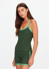 THE UPSIDE women's green Rhythm Caleb Tank Top features a scooped front neckline with t-bar back and removable cups in our recycled rib fabrication. Made for yoga and pilates.