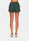 THE UPSIDE women’s green Billie Run Short is a mid-rise style featuring cream mesh binding down the sides and an orange drawcord. Made for high impact.
