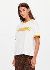 THE UPSIDE women’s natural organic cotton Morning Jacob Tee is an oversized fit with a butterscotch ribbed collar and Morning graphic printed at front chest. Made for lifestyle.