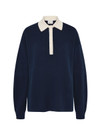 THE UPSIDE women's navy organic cotton Wonder Knit Polo is designed for a relaxed fit and features long sleeves with a contrast cream collar and placket. Made for lifestyle.
