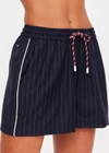 THE UPSIDE women's stripe Wool Iggy Short is a relaxed, mid-rise fit and features cream piping along side seams and maroon paracord drawcord. Made for lifestyle.