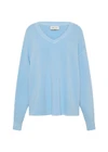 THE UPSIDE women's blue organic cotton Lou V Neck Sweater is an oversized fit and features dropped shoulders and a ribbed neckline and cuffs. Made for lifestyle.