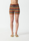 THE UPSIDE women's check Del Sol 4 Inch Spin Short is mid rise and features a navy elastic drawcord with aglets and is fully lined. Made for yoga and pilates.