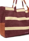 THE UPSIDE women's stripe cotton Del Sol Rhodes Tote Bag is made from a lightweight, loomed fabric and features a lilac lining and stripes in burgundy, lemon, blue and rust. Made for lifestyle.