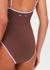 THE UPSIDE women's chocolate metallic Galaxia Flow One Piece features a sccop front neckline and low back with adjustable straps and embroidered arrow logo on back. Made for swim.