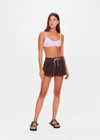 THE UPSIDE women's chocolate metallic Galaxia Marcella Short is a mid to low rise fit and features an elasticated waistband, a purple paracord drawcord and side seam pockets. Made for lifestyle.