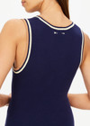 THE UPSIDE women's navy Joey Knit Tank Top is made from an organic cotton blend fabric and features a scoop neck and contrast tan and butter yellow stripes.